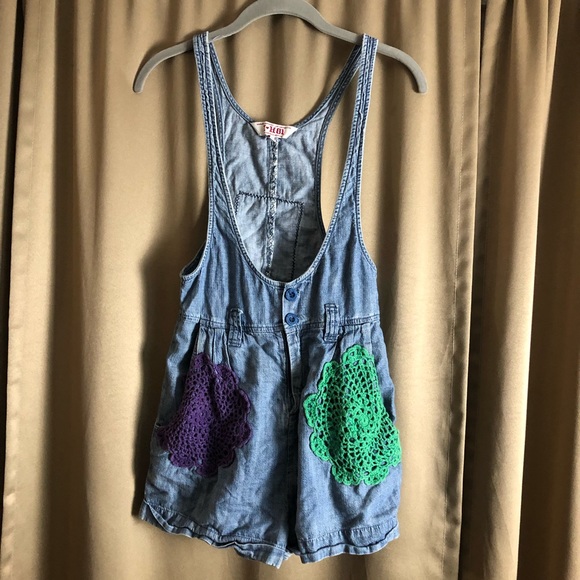 I Love H81 Boho Hippy Jean Denim Overall Shorts with Patches - Picture 1 of 9